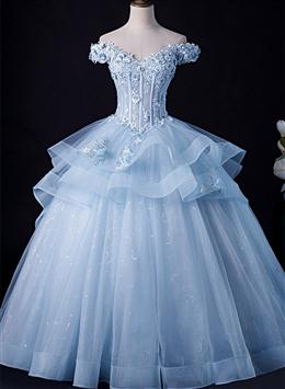 Picture of Blue Tulle Ball Gown Off Shoulder Layers Sweet 16 Dresses, Blue Formal Dresses with Lace